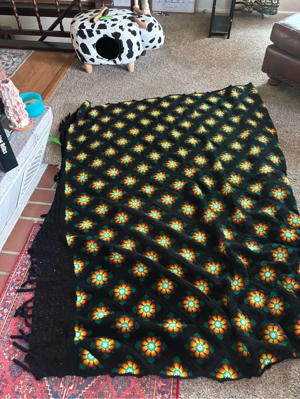 Handmade Black Crochet afghan with Green and Orange Floral Motif